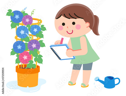 A child keeping an observation diary of morning glories