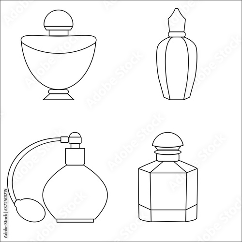 Set of vector icons with perfume bottles. Linear icons, eau de toilette in a package of different shapes