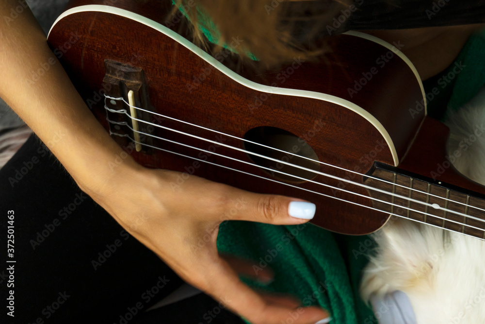 Closeup of hand of young woman playing ukulele. Closeup of hand of young woman playing ukulele.