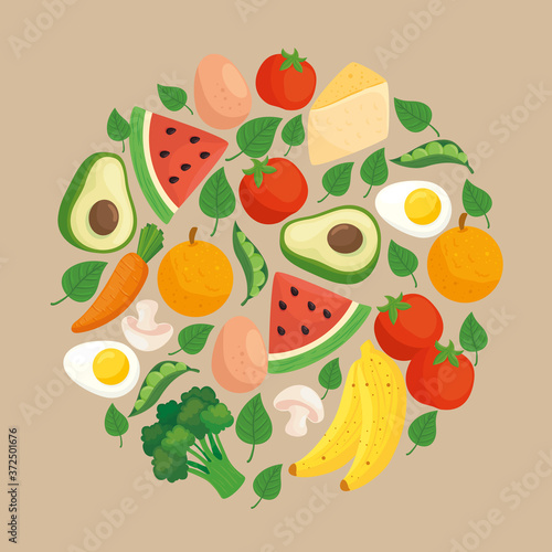 Fototapeta Naklejka Na Ścianę i Meble -  healthy food, vegetables and fruits in round frame vector illustration design