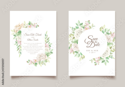 Beautiful soft floral and leaves wedding invitation card set © lukasdedi
