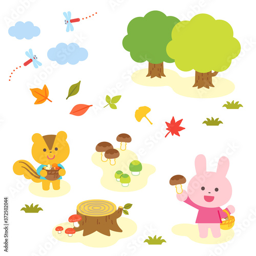 Autumn Scenery / A rabbit and a squirrel hunting mushrooms / No lines