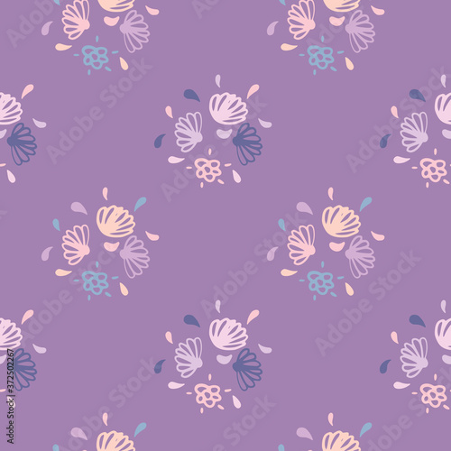 Hand drawn flowers seamless pattern. Doodle botanic elements in sift tones on purple background.