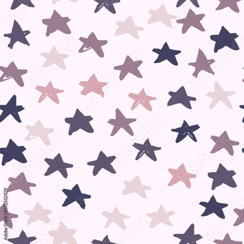 Multicolor star ornament seamless pattern. Hand drawn doodle elements in navy  pink and purple soft tones on white background.