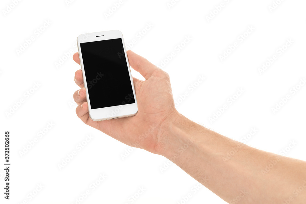 Man holding a smartphone with empty black screen. Mobile phone in a vertical position in hands and isolated on white background. High quality studio shot. Man shows the phone screen to the camera. Man holding a smartphone with empty black screen. Mobile phone in a vertical position in hands and isolated on white background. High quality studio shot. Man shows the phone screen to the camera.