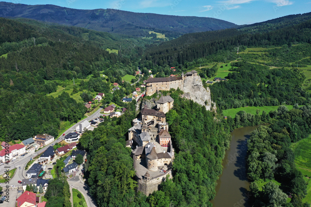 Aerial view of Oravsky castle in Oravsky Podzamok village in Slovakia