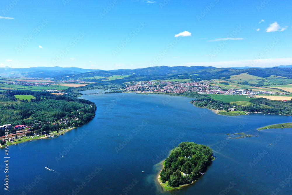 Naklejka premium Aerial view of Slanicky island in Namestovo city in Slovakia