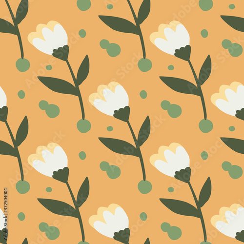 Summer seamless floral pattern with flower simple silhouettes. White buds and brown stems on orange background.