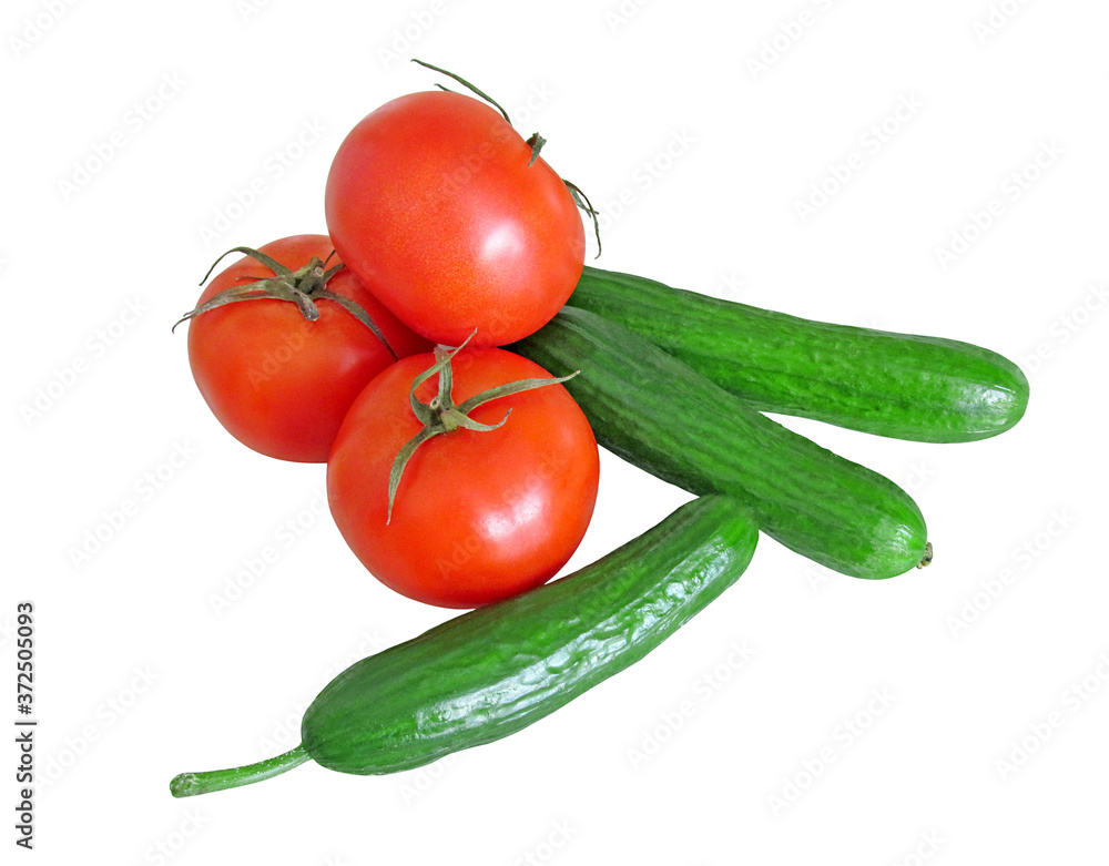 Tomatoes and cucumbers isolated on a white background Tomatoes and cucumbers isolated on a white background