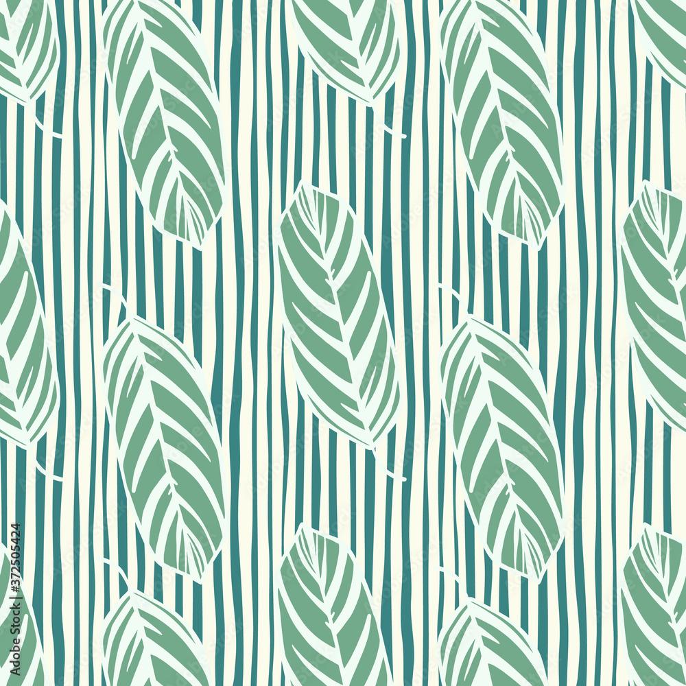 Outline seamless floral pattern with leaf ornament. White contoures green foliage on stripped background. Outline seamless floral pattern with leaf ornament. White contoures green foliage on stripped background.