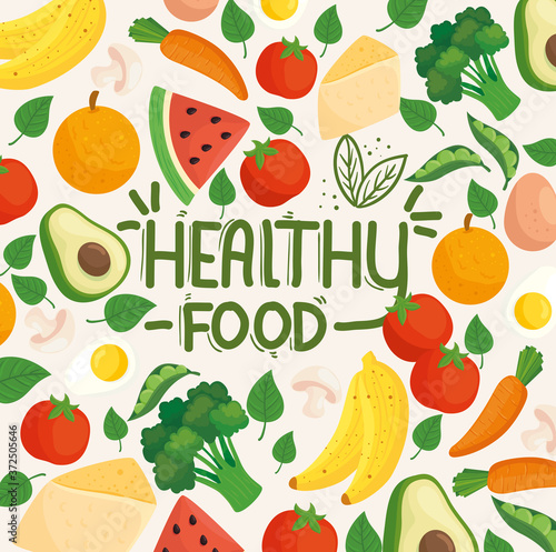 banner healthy food on background of fruits, vegetables and healthy food vector illustration design