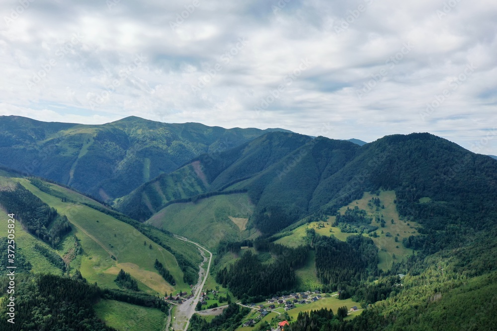 Aerial view of the Mala Fatra mountains in the village of Terchova in Slovakia
