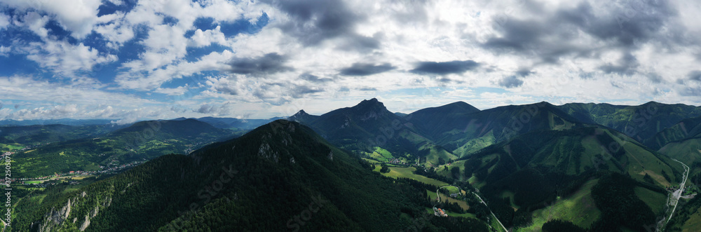 Aerial view of the Mala Fatra mountains in the village of Terchova in Slovakia