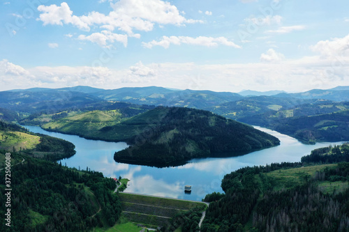 Aerial view of a water reservoir in the village of Nova Bystrica in Slovakia