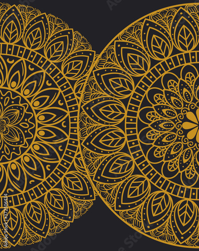 golden mandalas halves circle on dark background, vintage luxury mandalas, ornamental decoration vector illustration design