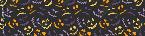 Halloween vector illustration. Banner with hand drawn scary faces. Spooky character for website, poster, invitation or festive decoration