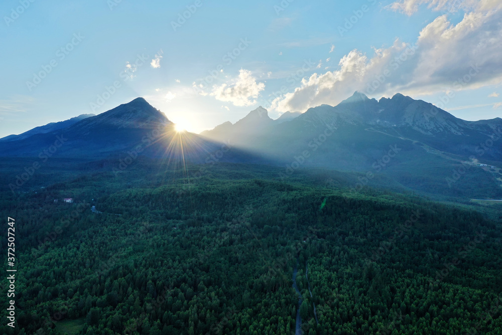 Fototapeta premium Aerial view of sunset and Tatry mountains in Slovakia
