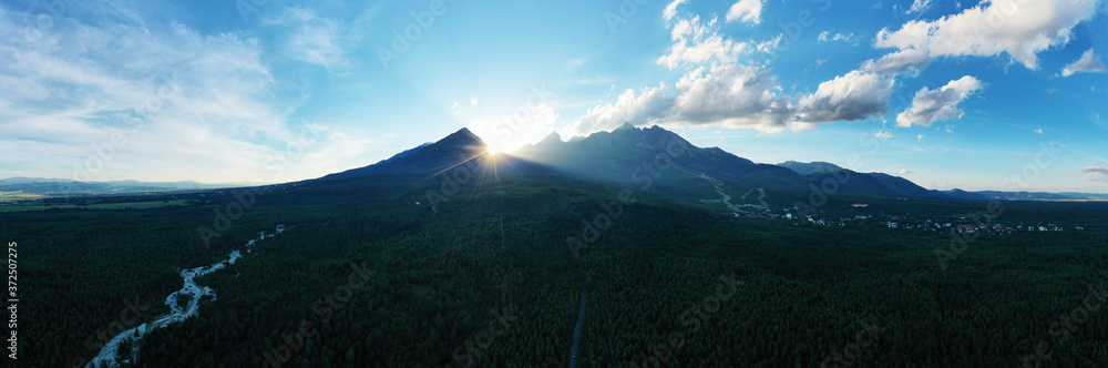 Aerial view of sunset and Tatry mountains in Slovakia
