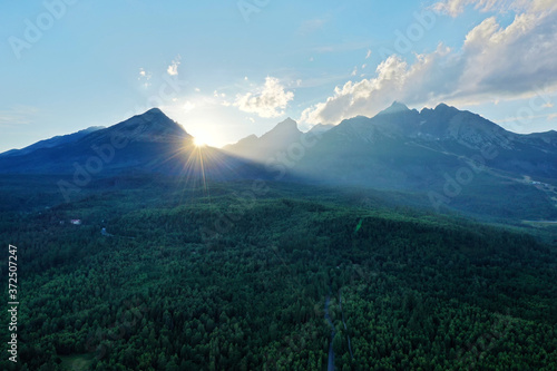Aerial view of sunset and Tatry mountains in Slovakia