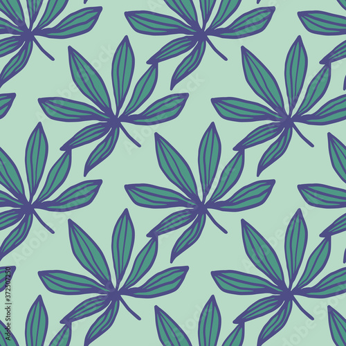 Marijuana doodle seamless pattern. Hand drawn drug ornament and background in green and blue tones.