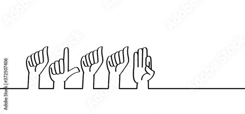 Hand spelling. Deaf sign language signs. Slogan alaaf line patern background. Fingerspelling alphabet. Vector school teacher hand icon symbol Banner, wallpaper or card celebration. Quote