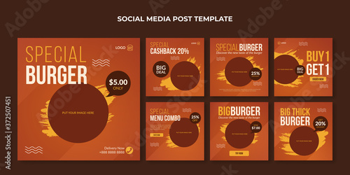 Special burger social media post template. Food banner for restaurant or cafe