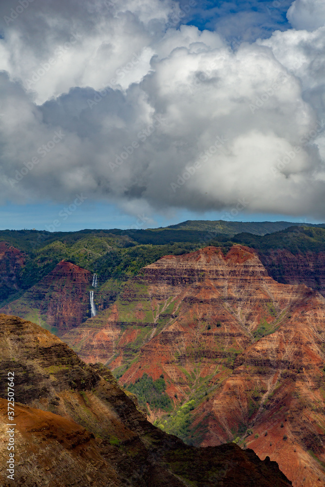 Waipoo falls in Waimea Canyon, also known as the Grand Canyon of the Pacific. It is a large canyon, approximately ten miles long and up to 3,000 feet deep, located on the western side of Kauai Hawaii