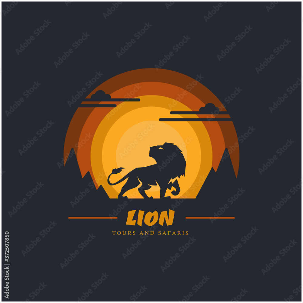 Lion with cliff mountain and sky background. Design element for company logo, label, emblem, apparel or other merchandise. Scalable and editable Vector illustration.
