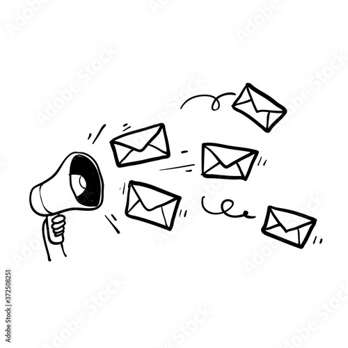 hand drawn hand holding megaphone and envelope symbol for newsletter icon illustration vector