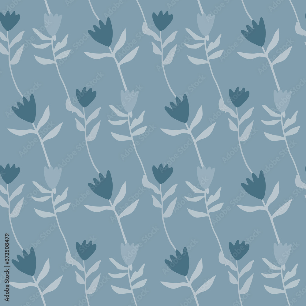 Floral simple tulip seamless pattern. Botanic silhouettes and background in pastel navy blue tones.
