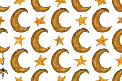 Watercolor illustration of celestial bodies. Seamless pattern with hand drawn crescents and stars. Template for space banner or poster. Astronautics elements.