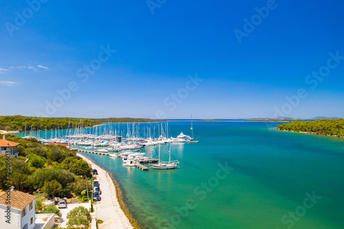 Marina in Veli Rat on Dugi Otok island on Adriatic sea coastline in Croatia  aerial view from drone  beautiful seascape