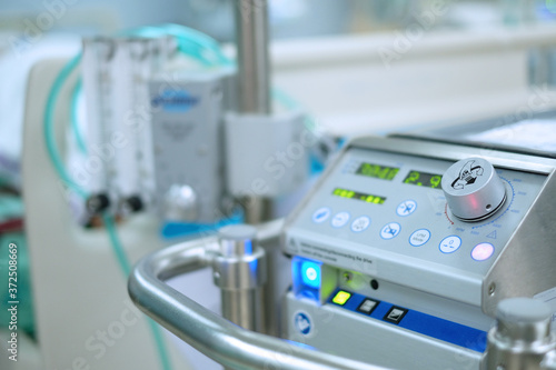 console for control extracorporeal membrane oxygenation (ecmo) includes knob, buttons and displays, focus on digital display
