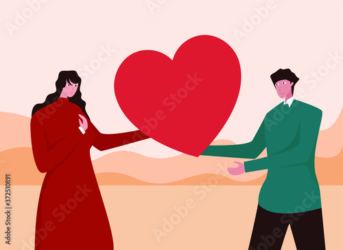 Valentine's Day vector concept: couple holding big heart icon together happily