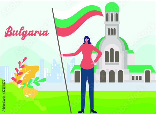 Bulgaria Independence Day vector concept  woman holding Bulgaria national flag confidently in front of Rila monastery