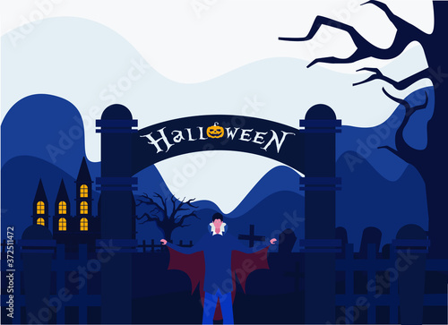 Halloween vector concept: Vampire with cape below the Halloween sign