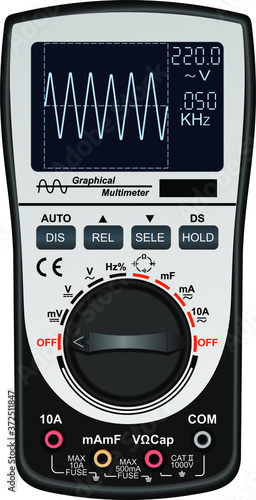 Digital multimeter with lcd and wheel for changing working modes. Voltage tester. Electrical measuring instrument. Vector illustration.