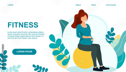 Fitness for pregnant woman concept. Pregnant woman doing exercises with fitness ball. Webpage template. Vector illustration.