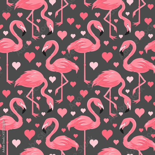Seamless, endless pattern with flamingo, Love Hearts, vector illustration