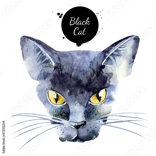 Watercolor black cat illustration. Vector painted isolated Halloween element on white background
