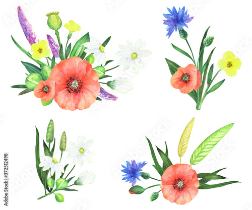 Set of watercolor Bouquets  with wildflowers. Hand painted watercolor floral Bouquets .