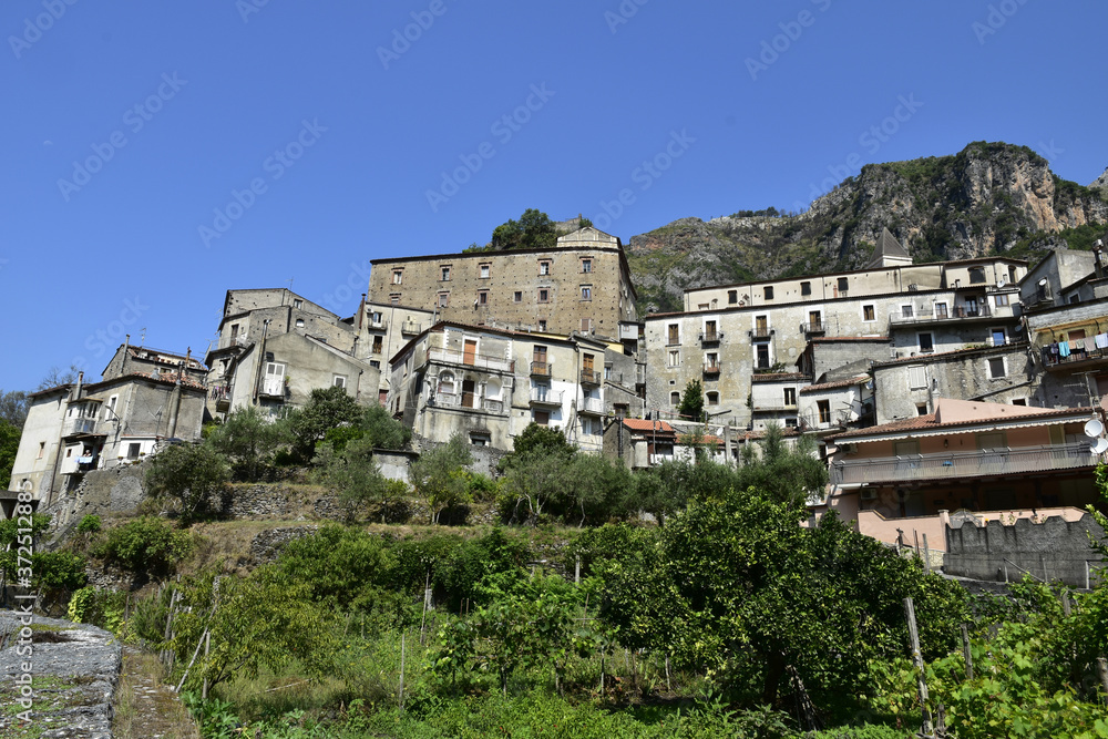 Panoramic view of Orsomarso, a rural village in the mountains of the Calabria region.
