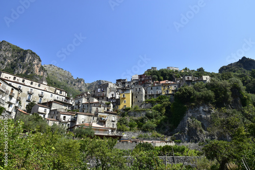 Panoramic view of Orsomarso, a rural village in the mountains of the Calabria region. 