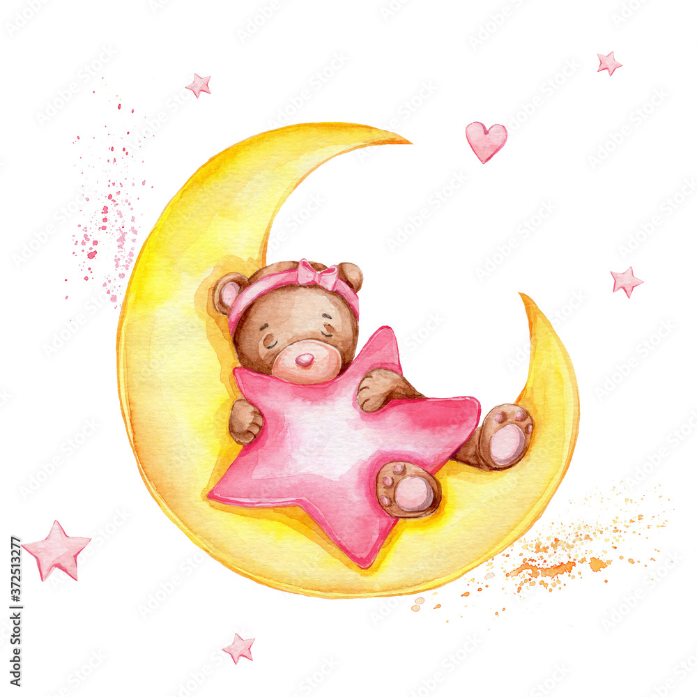Ilustração do Stock: Cute cartoon teddy bear sleeping on the moon and ...