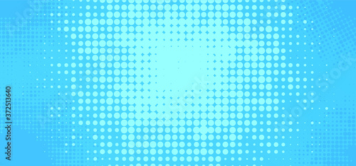 Blue comic book cartoon dot background. Pop art retro style. Dots, raster gradient halftone. Vector dotted signs. Polka dot banner. Comics book 
for comic superhero text, speech bubble, message.
