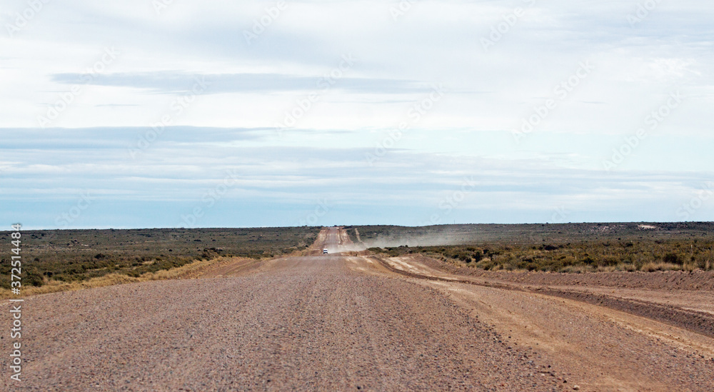 Empty dirt road in the Argentinian pampa, on Peninsula Valdes Empty dirt road in the Argentinian pampa, on Peninsula Valdes