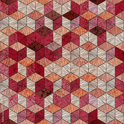 Geborduurd lappendeken naadloos patroon. Boheemse print voor textiel. Geometrische sieraad van gekleurde zeshoeken op een zwarte achtergrond. Vector illustratie.