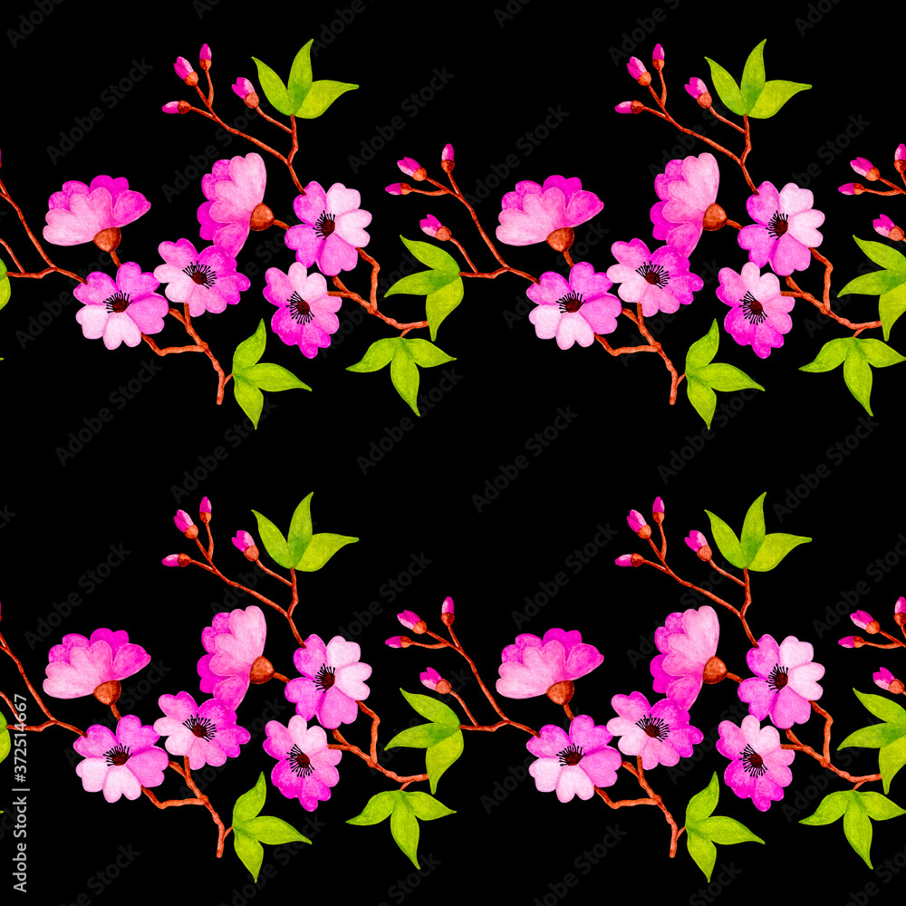 Seamless watercolor pattern of branches of apple, sakura with leaves and flowers. Seamless watercolor pattern of branches of apple, sakura with leaves and flowers.