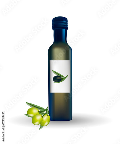 Glass bottle with oil and olives with leaves on a branch. Packaging design. Healthy vegetarian product.