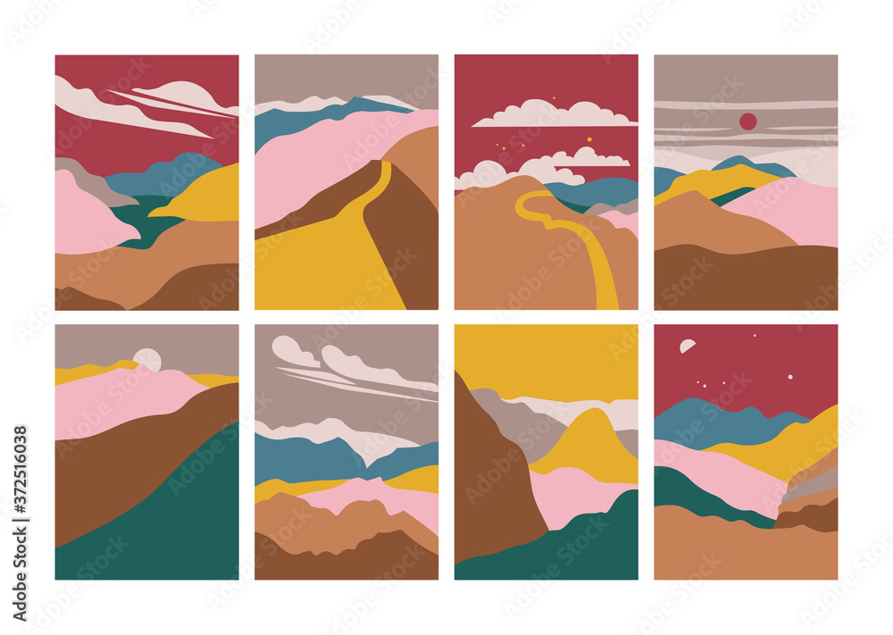 Vector illustration landscape mountain, river view. Hills, clouds, sun, moon. Paper cut style. Nature vertical backgrounds. Vector illustration landscape mountain, river view. Hills, clouds, sun, moon. Paper cut style. Nature vertical backgrounds.